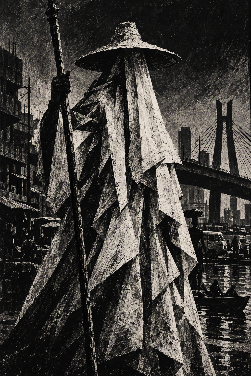 A veiled figure overlooking Lagos